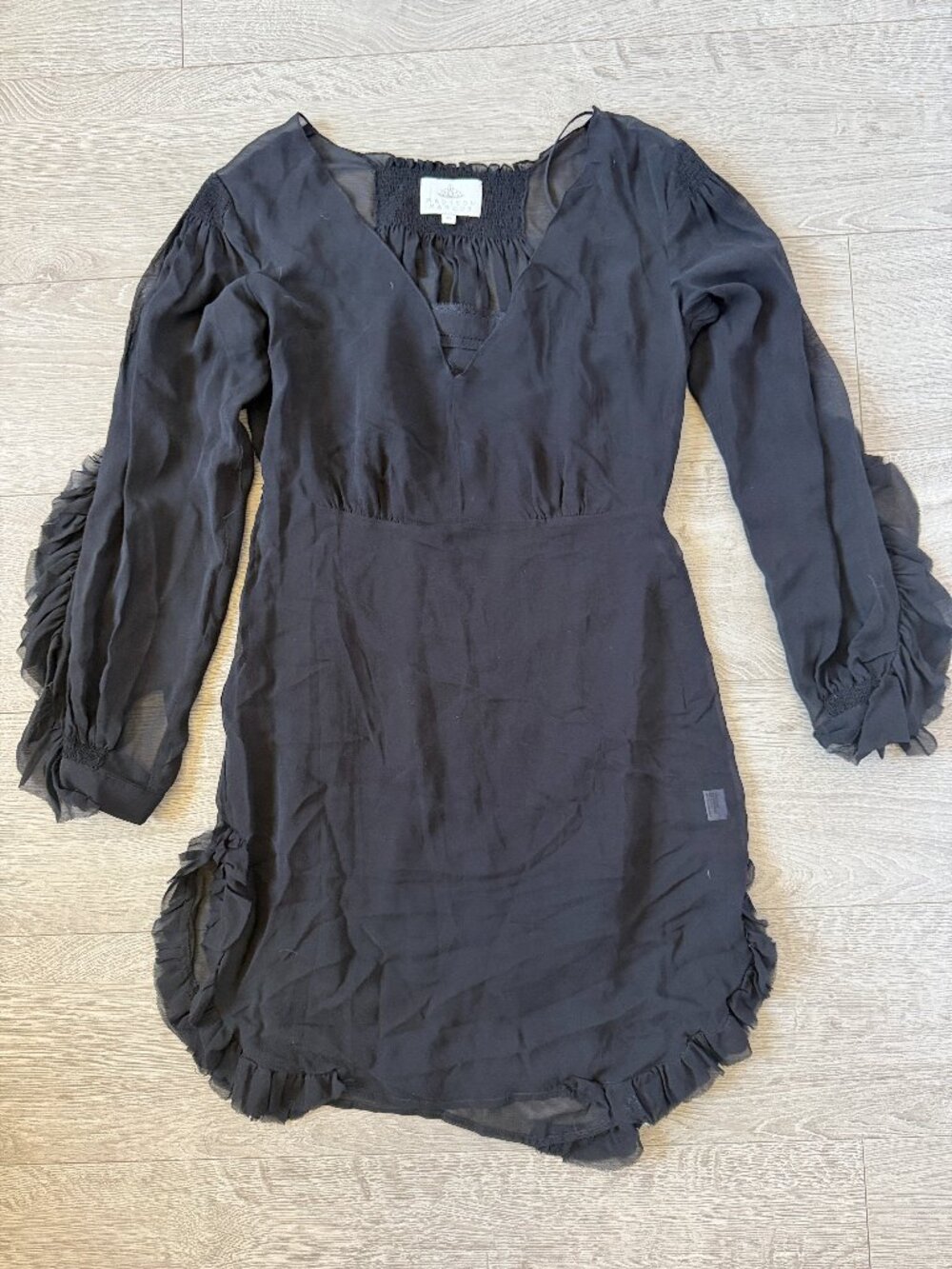 Madison Marcus Black Sheer Ruffle Long Sleeve Mini Dress XS